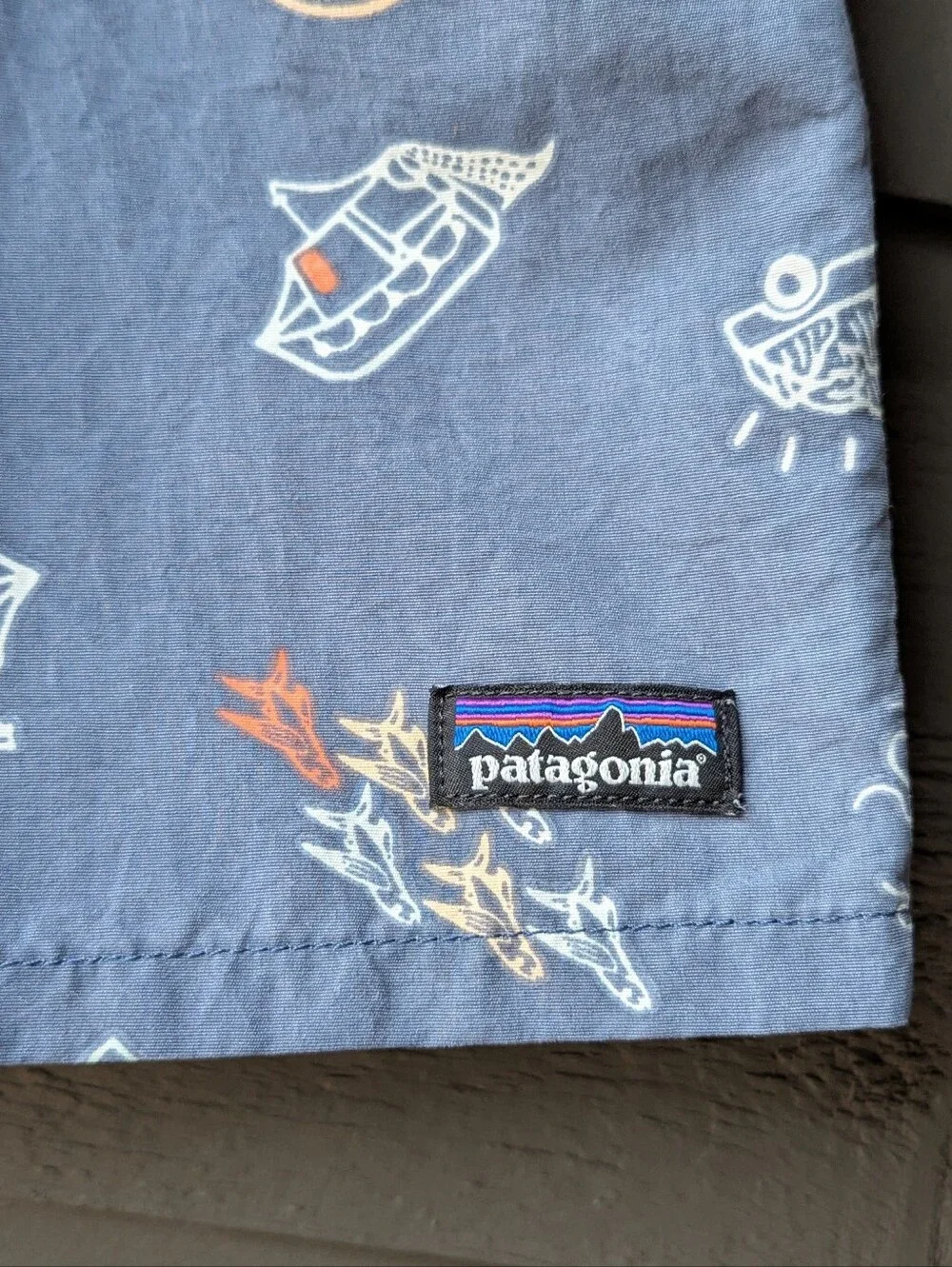 Patagonia Boys' Baggies Clean Oceans Blue Printed Swim Trunks Size Large